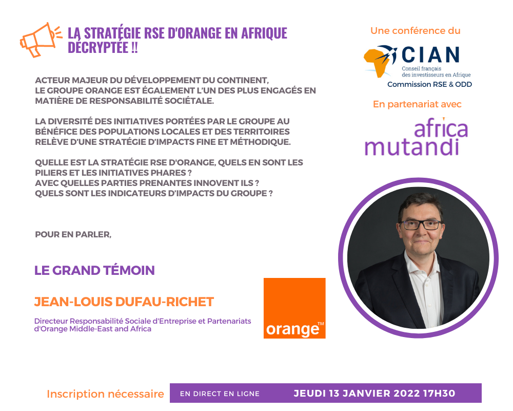 Rendez-vous le 13 janvier 2022 pour un décryptage de la stratégie RSE d’Orange en Afrique !!!