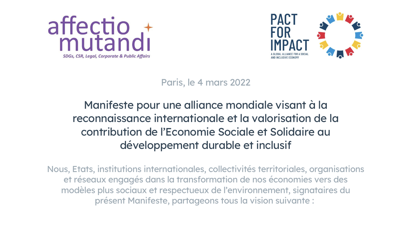 Affectio Mutandi signe le Manifeste pour la reconnaissance internationale de l’Economie Sociale et Solidaire de l’Alliance Pact for Impact