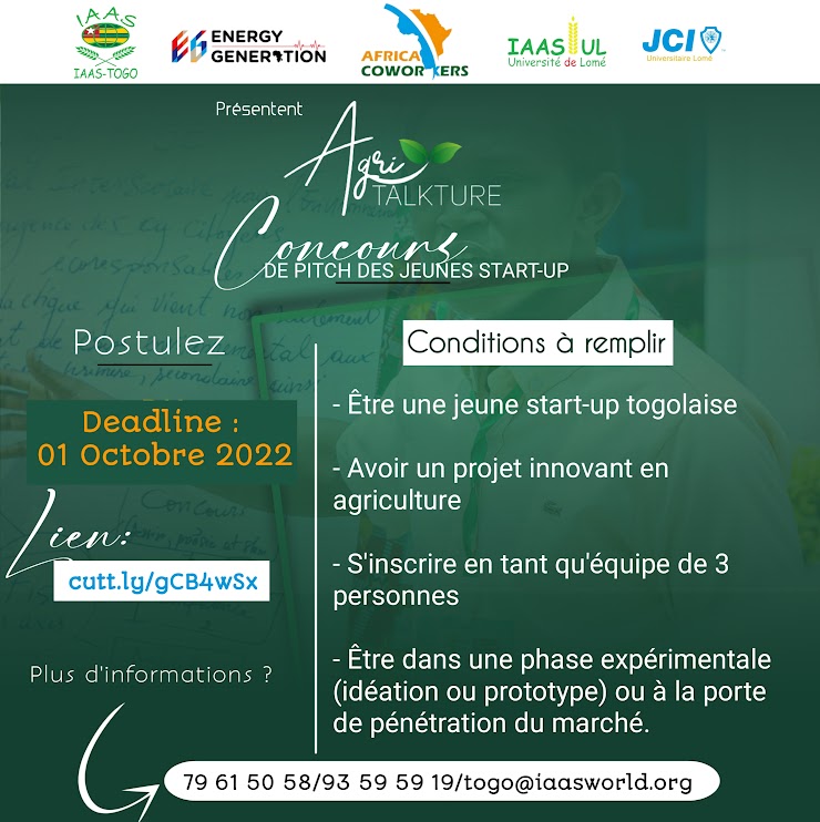 AGRITALKTURE : Concours de Pitch des jeunes start-up Togolaises organisée par l’IAAS-Togo et Energy Generation