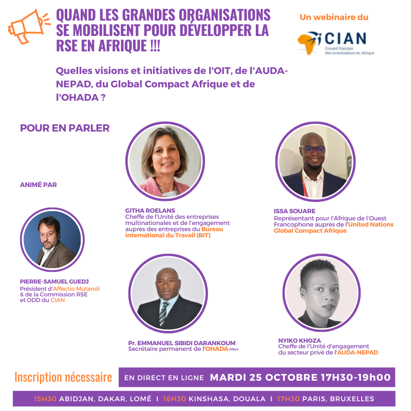 Rappel – Le webinaire du CIAN sur la mobilisation des OIGs pour la RSE en Afrique se tiendra ce mardi 25 octobre à 17H30 (heure de Paris)
