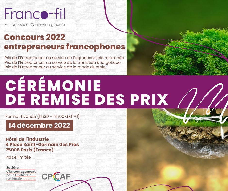 Rendez-vous le 14 décembre pour la cérémonie de remise des prix entrepreneurs francophones du concours Franco-fil 2022 ! 