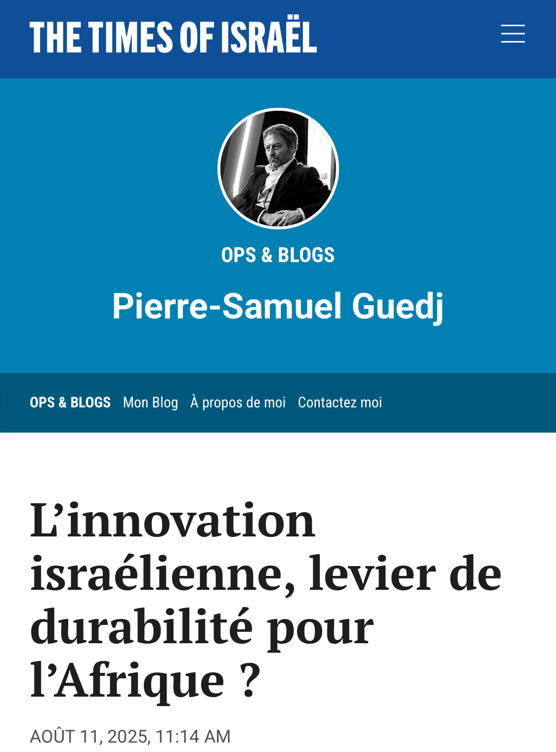 L’innovation israélienne, levier de durabilité pour l’Afrique ? – Une réflexion, dans The Times of Israël