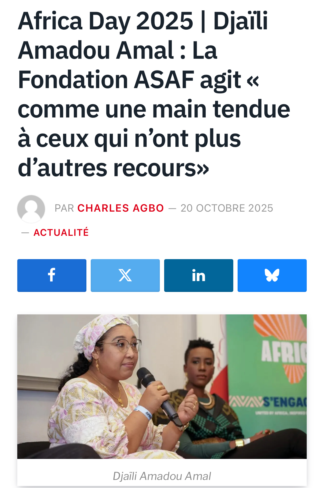 Africa Day 2025 | Djaïli Amadou Amal : La Fondation ASAF agit « comme une main tendue à ceux qui n’ont plus d’autres recours» Africa Day 2025 | Djaïli Amadou Amal : La Fondation ASAF agit « comme une main tendue à ceux qui n’ont plus d’autres recours»
