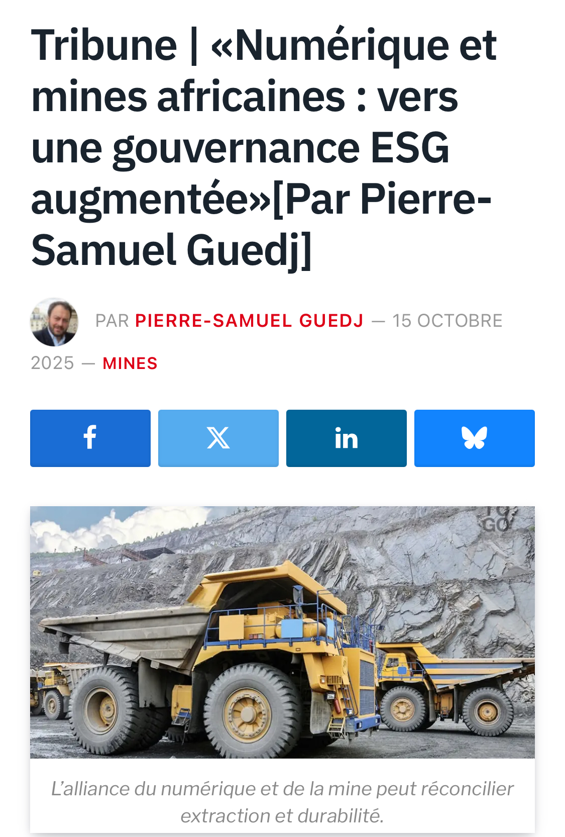 «Numérique et mines africaines : vers une gouvernance ESG augmentée», par Pierre-Samuel Guedj & dans Afrimag «Numérique et mines africaines : vers une gouvernance ESG augmentée», par Pierre-Samuel Guedj & dans Afrimag