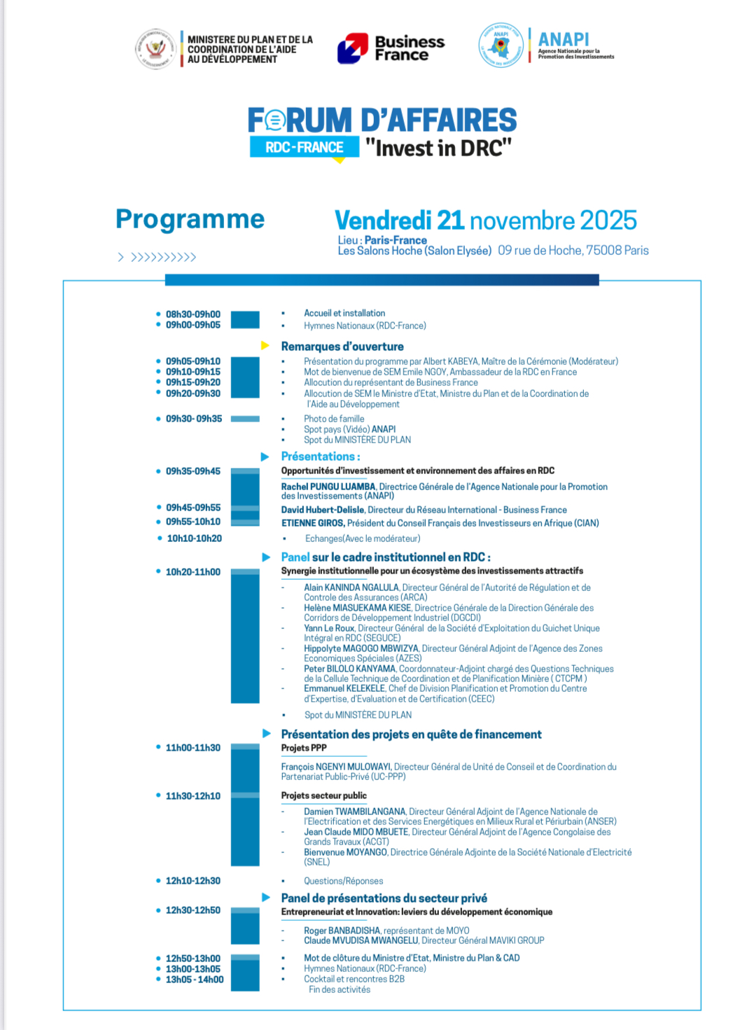 “Invest in DRC” à Paris, découvrez les projets présentés par l’ANAPI & les organisations publiques congolaises autour du thème : « diversification de l’économie à travers la création des chaines de valeur multisectorielles »