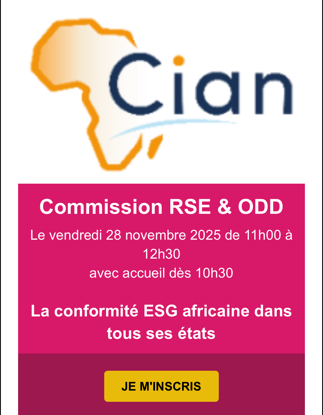 Commission RSE&ODD du CIAN le 28 novembre : »La conformité ESG africaine dans tous ses états » Commission RSE&ODD du CIAN le 28 novembre : »La conformité ESG africaine dans tous ses états »