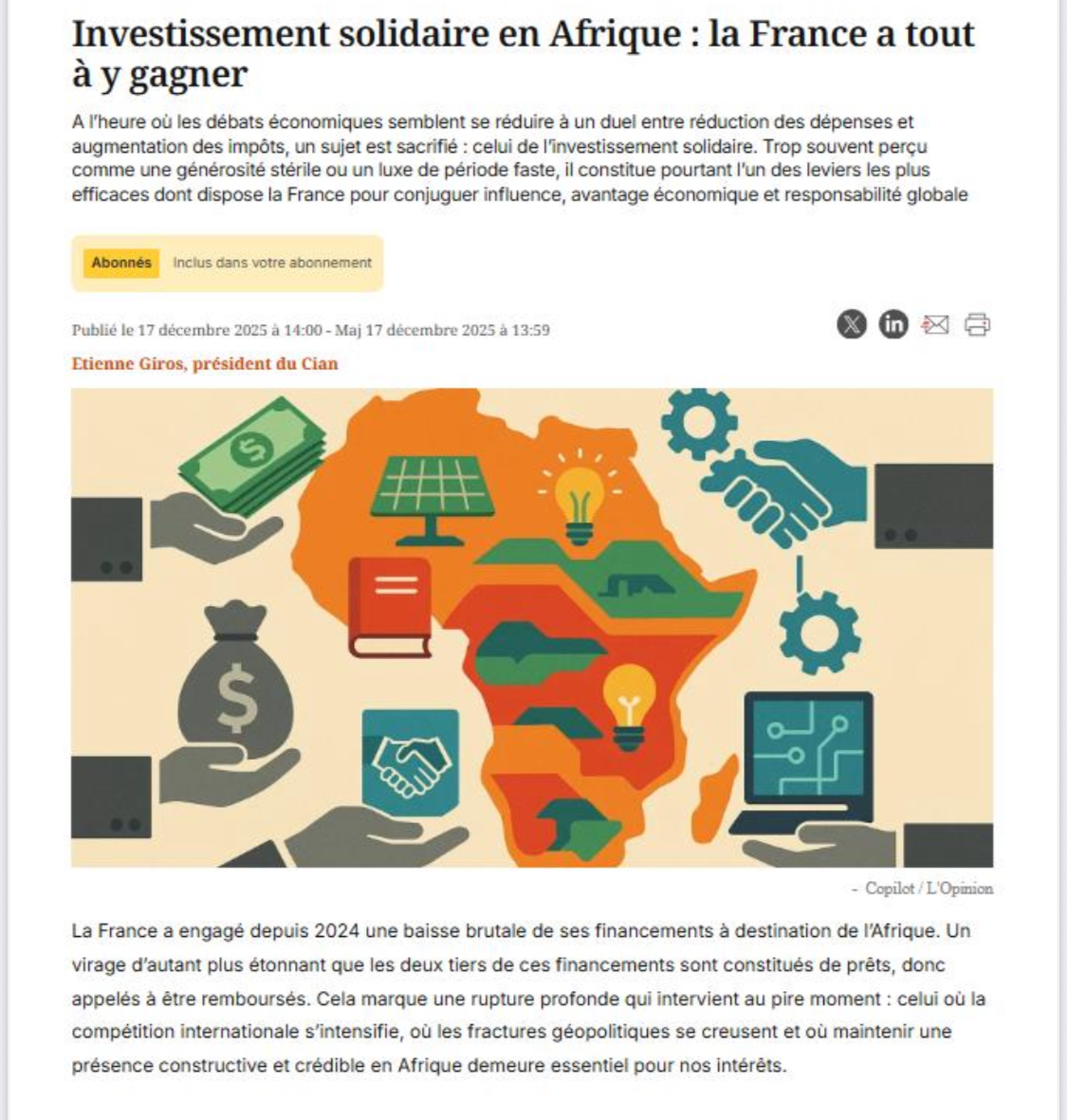 « Investissement solidaire en Afrique : la France a tout à y gagner », une tribune d&rsquo;Etienne Giros, Président du CIAN, dans l&rsquo;Opinion