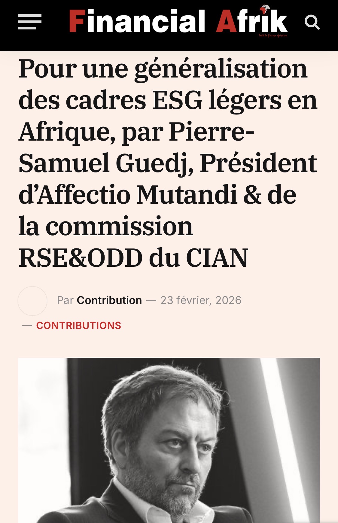 « Pour une généralisation des cadres ESG légers en Afrique », par Pierre-Samuel Guedj, Président d’Affectio Mutandi & de la commission RSE&ODD du CIAN | Financial Afrik