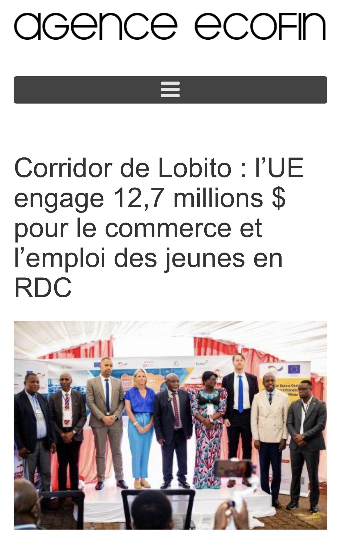 Corridor de Lobito : l’UE engage 12,7 millions $ pour le commerce et l’emploi des jeunes en RDC