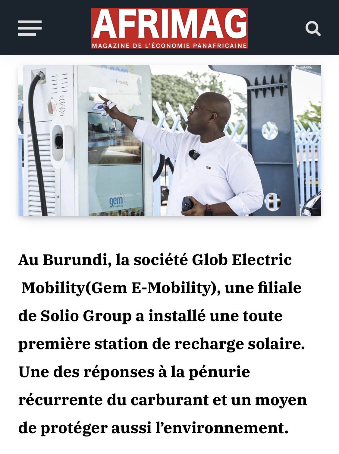 Transition énergétique | Véhicules électriques : le Burundi se dote d’une station de recharge solaire avec Solio Group